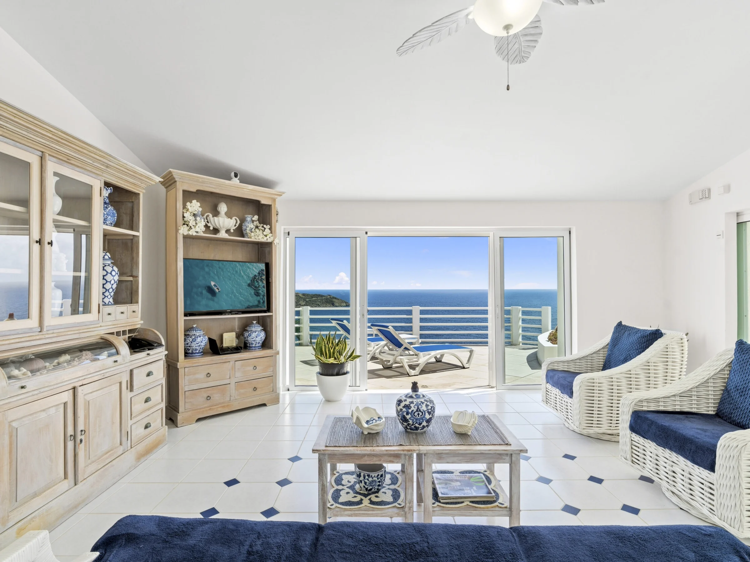 Bright living room with ocean views