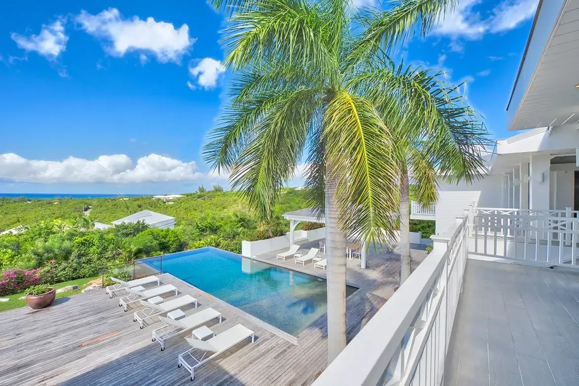 Relax on modern loungers by the infinity pool, framed by swaying palms.