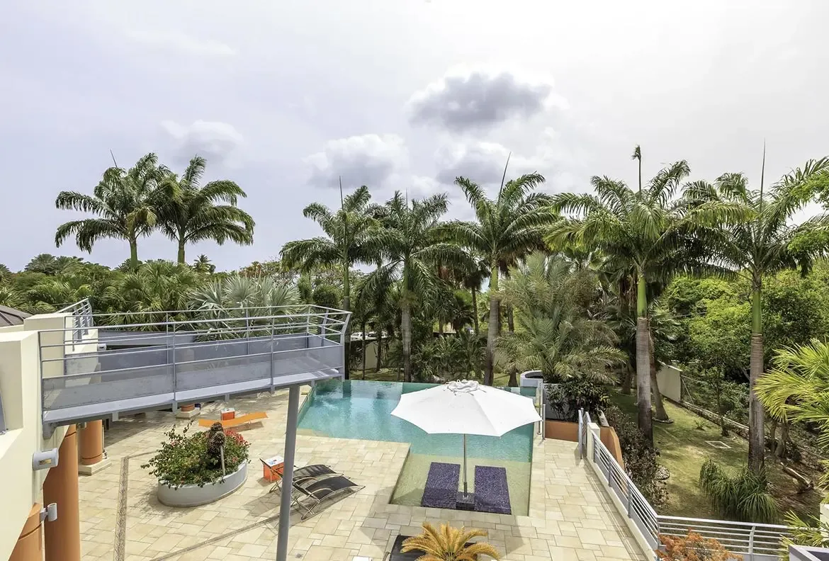 An elevated view of your L-shaped pool and sun deck, surrounded by tropical gardens.