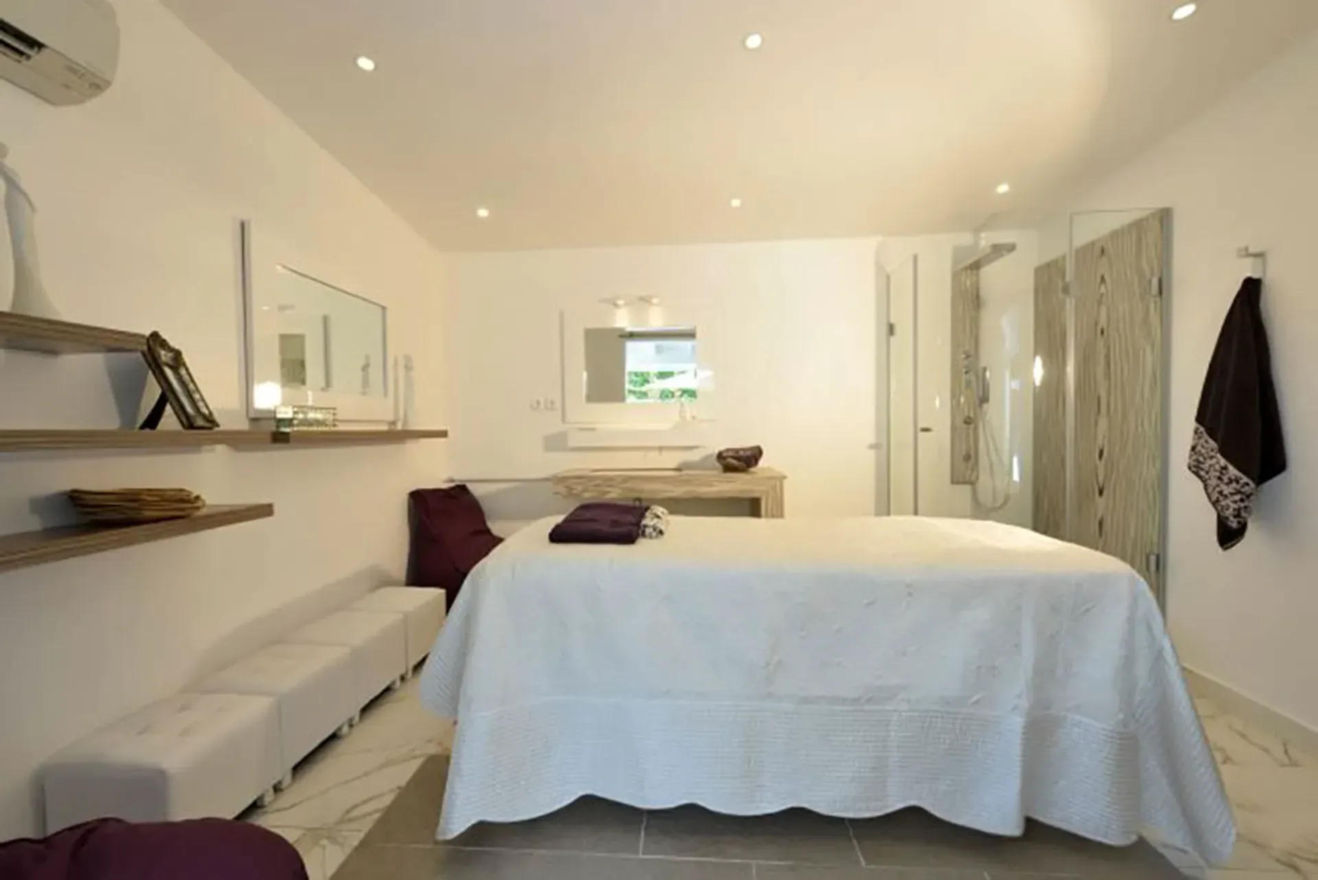 Your private spa treatment room with massage table, glass-enclosed shower, and serene minimalist design.