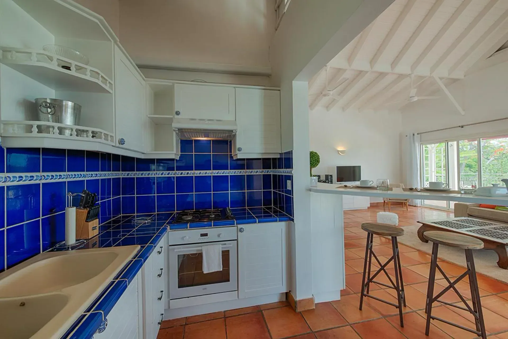 Cook in a bright open kitchen with vibrant blue tiles and tropical charm.