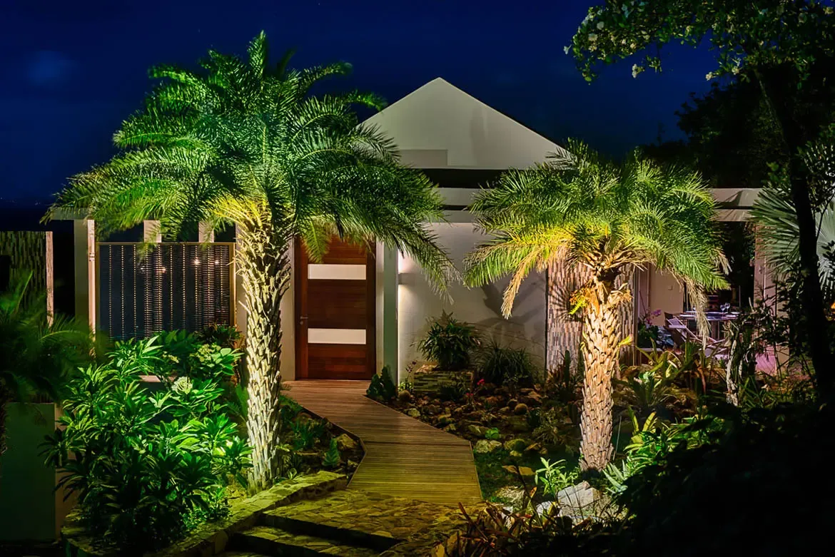 A nighttime view of the villa entrance with two large palm trees illuminated by warm uplighting, wooden walkway leading through lush tropical landscaping.