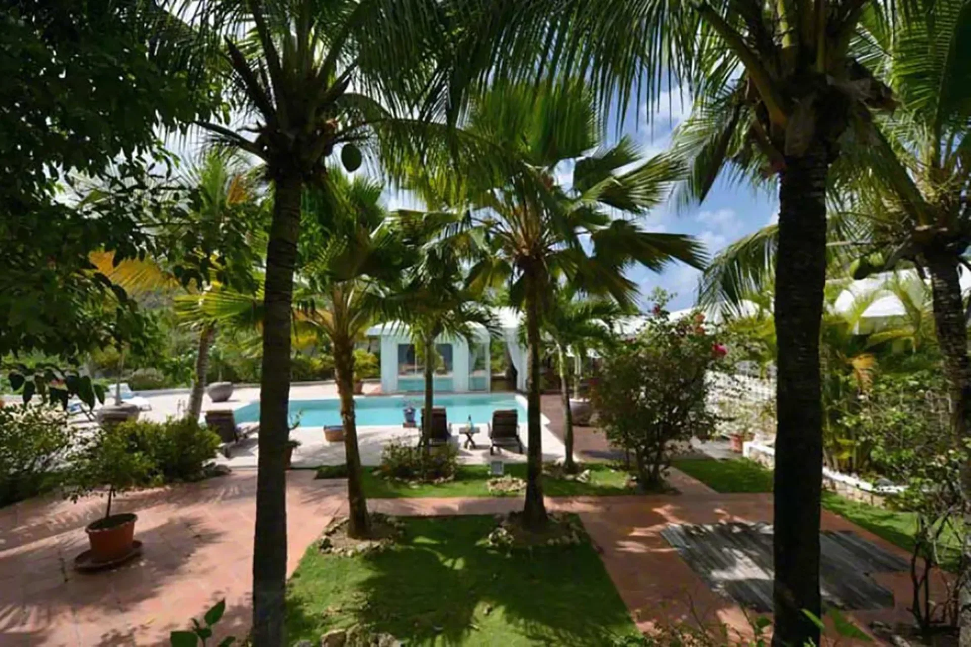 Your private pool surrounded by tropical gardens with swaying palms and sun loungers.