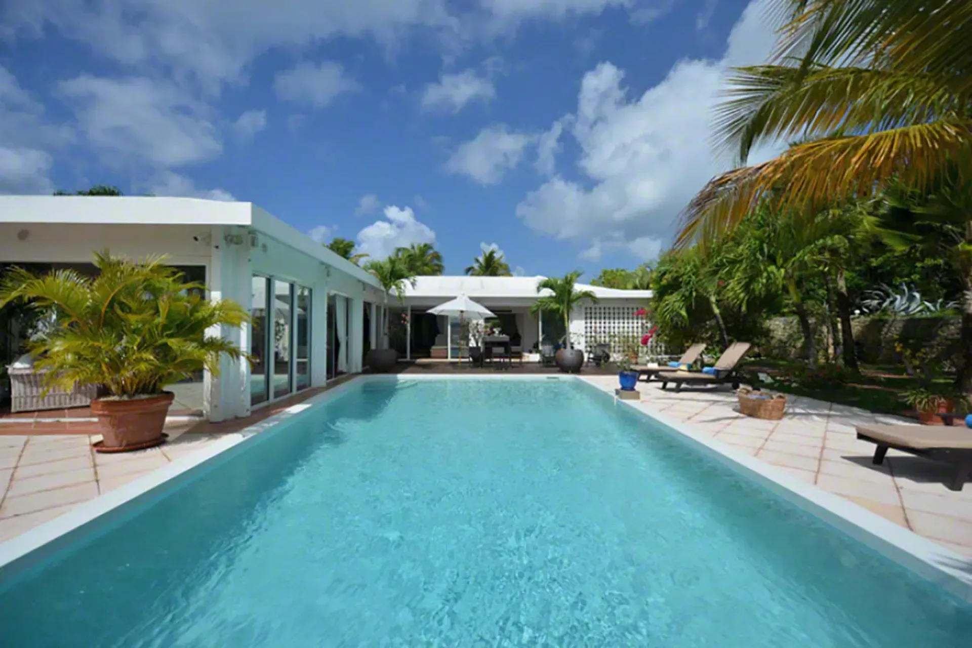 Relax by your pool with sun loungers, potted palms, and Caribbean blue skies.